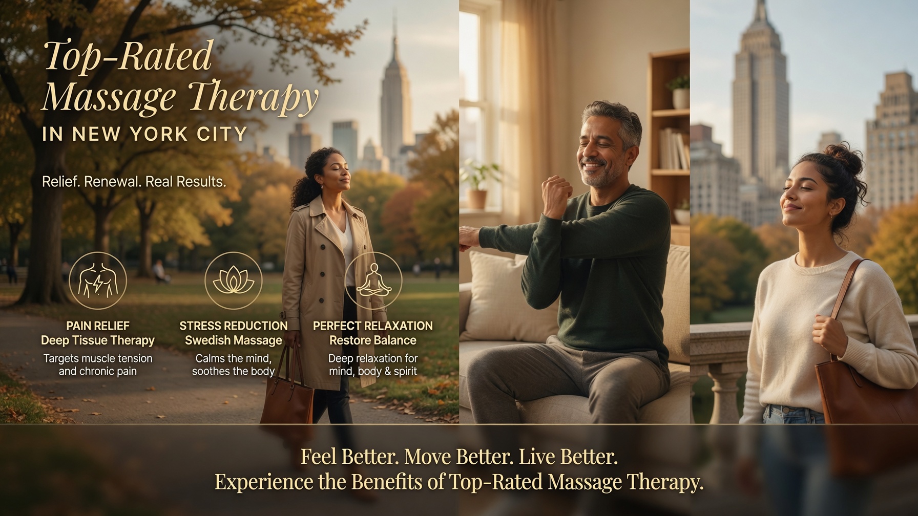 Discover top-rated massage therapy in New York City. From deep tissue to Swedish massage, find the perfect relaxation experience near you.